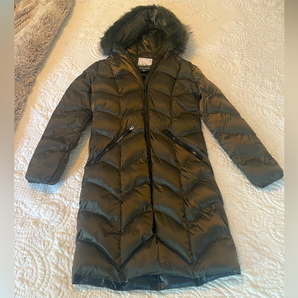 Kensie Long Down Puffer Coat with faux fur removable hood